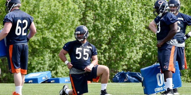 May 8, 2015; Lake Forest, IL, USA; Chicago Bears center Hroniss Grasu (55) during Chicago Bears rookie minicamp at Halas Hall. Mandatory Credit: David Banks-USA TODAY Sports