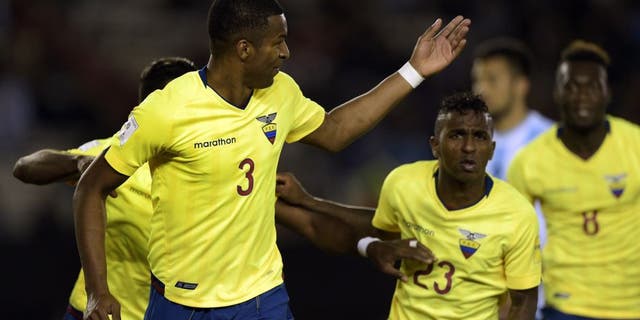 Ecuador's defender Frickson Erazo (L) celebrates after scoring against Argentina during their Russia 2018 FIFA World Cup qualifiers match, at the Monumental stadium in Buenos Aires, on October 8, 2015. AFP PHOTO / JUAN MABROMATA (Photo credit should read JUAN MABROMATA/AFP/Getty Images)