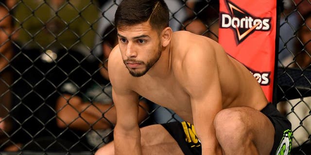 MEXICO CITY, MEXICO - JUNE 13: Yair Rodriguez of Mexico enters the Octagon before facing Charles Rosa of the United States in their featherweight bout during the UFC 188 event at the Arena Ciudad de Mexico on June 13, 2015 in Mexico City, Mexico. (Photo by Josh Hedges/Zuffa LLC/Zuffa LLC via Getty Images)