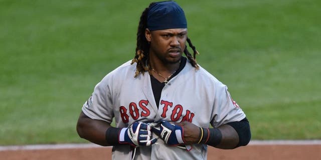 Oct 7, 2016; Cleveland, OH, USA; Boston Red Sox first baseman Hanley Ramirez (13) reacts after striking out to end in the top of the fourth inning against the Cleveland Indians in game two of the 2016 ALDS playoff baseball series at Progressive Field. Mandatory Credit: David Richard-USA TODAY Sports