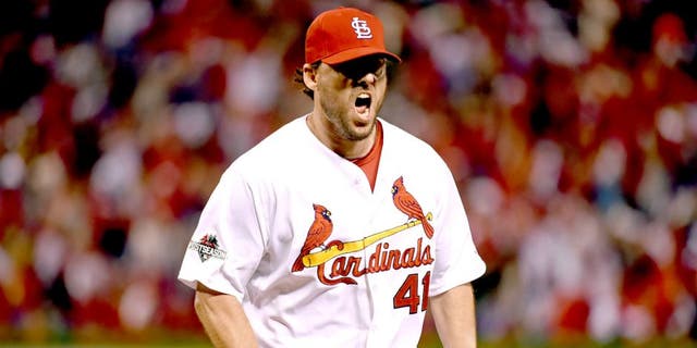 ST. LOUIS, MO - OCTOBER 9: John Lackey #41 of the St. Louis Cardinals reacts during Game 1 of the NLDS against the Chicago Cubs at Busch Stadium on Friday, October 9, 2015 in St. Louis, Missouri. (Photo by LG Patterson/MLB Photos via Getty Images)