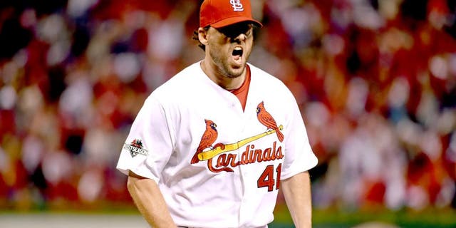 ST. LOUIS, MO - OCTOBER 9: John Lackey #41 of the St. Louis Cardinals reacts during Game 1 of the NLDS against the Chicago Cubs at Busch Stadium on Friday, October 9, 2015 in St. Louis, Missouri. (Photo by LG Patterson/MLB Photos via Getty Images)