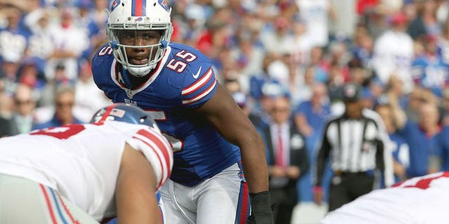Oct 4, 2015; Orchard Park, NY, USA; Buffalo Bills defensive end Jerry Hughes (55) waits for the snap during the second half against the New York Giants at Ralph Wilson Stadium. Giants beat the Bills 24 to 10. Mandatory Credit: Timothy T. Ludwig-USA TODAY Sports
