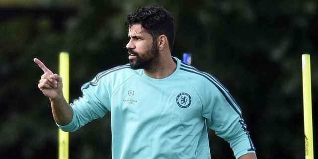 Chelsea's Brazilian-born Spanish striker Diego Costa reacts during a training session at Chelsea's training ground in Stoke D'Abernon, south of London, on September 28, 2015, on the eve of their UEFA Champions League Group G football match against Porto. AFP PHOTO / FRANCK FIFE (Photo credit should read FRANCK FIFE/AFP/Getty Images)