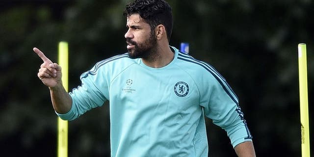 Chelsea's Brazilian-born Spanish striker Diego Costa reacts during a training session at Chelsea's training ground in Stoke D'Abernon, south of London, on September 28, 2015, on the eve of their UEFA Champions League Group G football match against Porto. AFP PHOTO / FRANCK FIFE (Photo credit should read FRANCK FIFE/AFP/Getty Images)