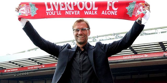 LIVERPOOL, ENGLAND - OCTOBER 09: (THE SUN OUT, THE SUN ON SUNDAY OUT) (MINIMUM PRINT FEE OF GBP 150, BROADCAST FEE OF GBP 150, ONLINE FEE OF GBP 75 PER IMAGE, OR LOCAL EQUIVALENT) Jurgen Klopp new manager of Liverpool at Anfield on October 9, 2015 in Liverpool, England. (Photo by Nick Taylor/Liverpool FC via Getty Images)