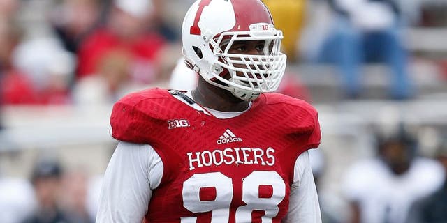 BLOOMINGTON, IN - NOVEMBER 29: Darius Latham #98 of the Indiana Hoosiers looks on against the Purdue Boilermakers during the game at Memorial Stadium on November 29, 2014 in Bloomington, Indiana. Indiana defeated Purdue 23-16. (Photo by Joe Robbins/Getty Images)