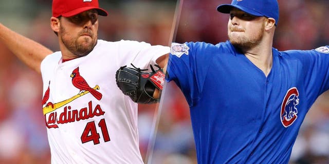 Starter John Lackey #41 of the St. Louis Cardinals pitches against the Chicago Cubs in the second inning at Busch Stadium on June 26, 2015 in St. Louis, Missouri. (Photo by Dilip Vishwanat/Getty Images) Jon Lester #34 of the Chicago Cubs pitches in the first inning against the Cincinnati Reds at Great American Ball Park on September 30, 2015 in Cincinnati, Ohio. (Photo by Joe Robbins/Getty Images)