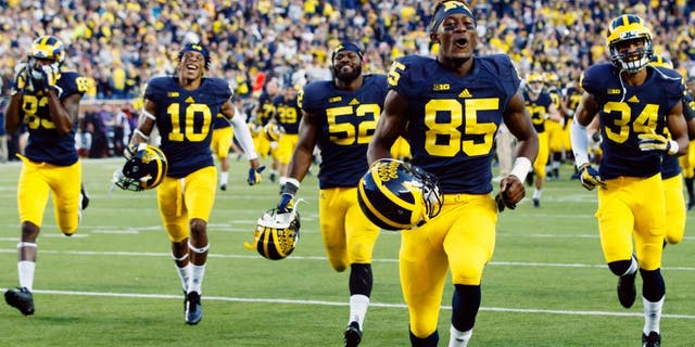 Oct 10, 2015; Ann Arbor, MI, USA; Michigan Wolverines players run over to the student section after the game against the Northwestern Wildcats at Michigan Stadium. Michigan won 38-0. Mandatory Credit: Rick Osentoski-USA TODAY Sports