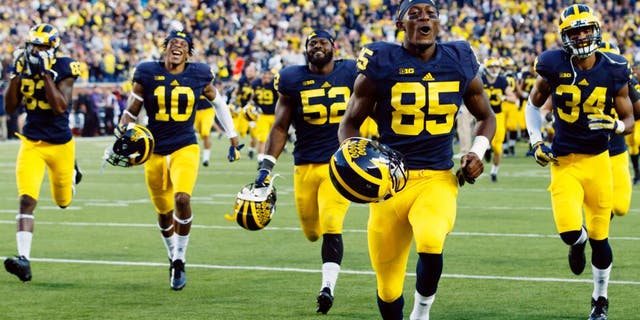 Oct 10, 2015; Ann Arbor, MI, USA; Michigan Wolverines players run over to the student section after the game against the Northwestern Wildcats at Michigan Stadium. Michigan won 38-0. Mandatory Credit: Rick Osentoski-USA TODAY Sports