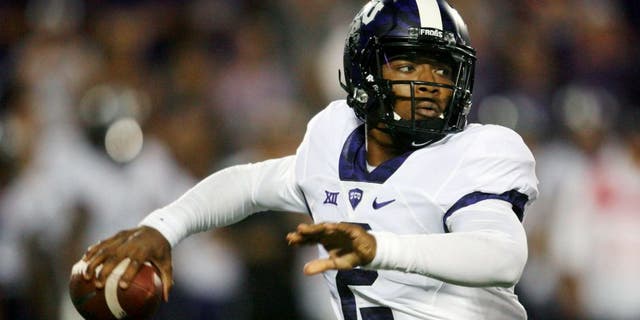 Oct 10, 2015; Manhattan, KS, USA; TCU Horned Frogs quarterback Trevone Boykin (2) drops back to pass during the game against the TCU Horned Frogs at Bill Snyder Family Football Stadium. Mandatory Credit: Scott Sewell-USA TODAY Sports