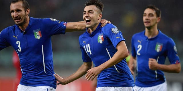 BAKU, AZERBAIJAN - OCTOBER 10: El Shaarawy of Italy #14 celebrates after scoring the second goal during the UEFA Euro 2016 qualifying football match between Azerbaijan and Italy at Olympic Stadium on October 10, 2015 in Baku, Azerbaijan. (Photo by Claudio Villa/Getty Images)
