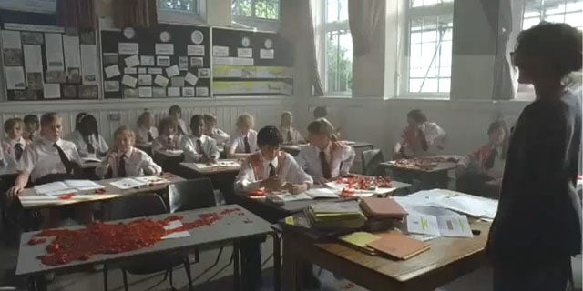 The short film, "No Pressure," promoting the U.K.’s 10:10 climate change campaign, depicts a school teacher who blows up students who say they don't intend to reduce their carbon emissions.