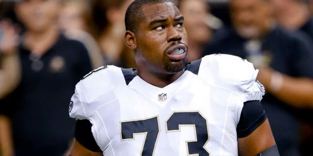 Sep 8, 2013; New Orleans, LA, USA; New Orleans Saints guard Jahri Evans (73) against the Atlanta Falcons during a game at the Mercedes-Benz Superdome. The Saints defeated the Falcons 23-17. Mandatory Credit: Derick E. Hingle-USA TODAY Sports