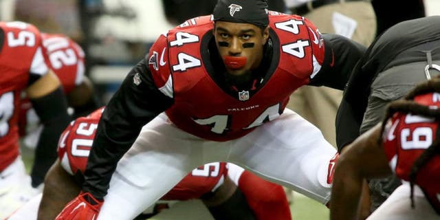 Aug 14, 2015; Atlanta, GA, USA; Atlanta Falcons linebacker Vic Beasley (44) warms-up before their game against the Tennessee Titans in a preseason NFL football game at Georgia Dome. Mandatory Credit: Jason Getz-USA TODAY Sports