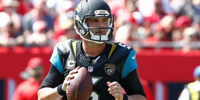 Oct 11, 2015; Tampa, FL, USA; Jacksonville Jaguars quarterback Blake Bortles (5) drops to throw a pass during the second quarter of an NFL football game against the Tampa Bay Buccaneers at Raymond James Stadium. Mandatory Credit: Reinhold Matay-USA TODAY Sports