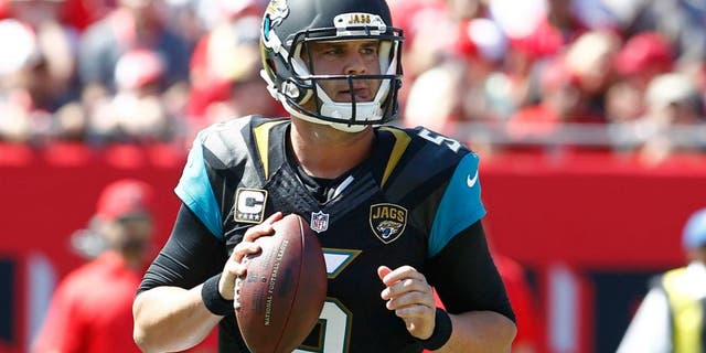 Oct 11, 2015; Tampa, FL, USA; Jacksonville Jaguars quarterback Blake Bortles (5) drops to throw a pass during the second quarter of an NFL football game against the Tampa Bay Buccaneers at Raymond James Stadium. Mandatory Credit: Reinhold Matay-USA TODAY Sports