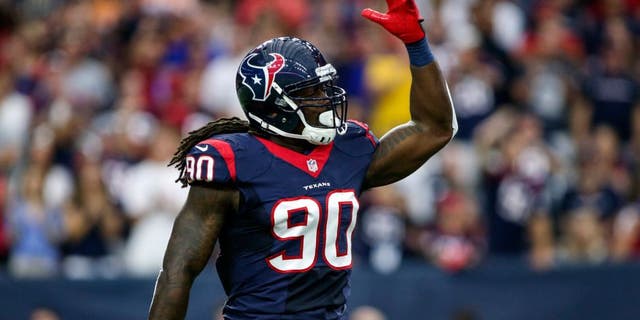 Sep 27, 2015; Houston, TX, USA; Houston Texans outside linebacker Jadeveon Clowney (90) reacts after a play during the first quarter against the Tampa Bay Buccaneers at NRG Stadium. Mandatory Credit: Troy Taormina-USA TODAY Sports