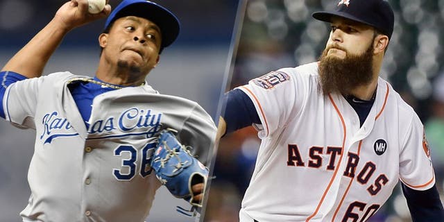 ST. PETERSBURG, FL - AUGUST 28: Pitcher Edinson Volquez #36 of the Kansas City Royals pitches during a MLB game against the Tampa Bay Rays on August 28, 2015 at Tropicana Field in St. Petersburg, Florida. (Photo by Ronald C. Modra/Sports Imagery/Getty Images) HOUSTON, TX - SEPTEMBER 21: Dallas Keuchel #60 of the Houston Astros pitches in the first inning against the Los Angeles Angels of Anaheim at Minute Maid Park on September 21, 2015 in Houston, Texas. (Photo by Bob Levey/Getty Images)