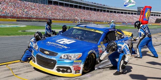 CHARLOTTE, NC - OCTOBER 11: Dale Earnhardt Jr., driver of the #88 Nationwide Chevrolet, pits during the NASCAR Sprint Cup Series Bank of America 500 at Charlotte Motor Speedway on October 11, 2015 in Charlotte, North Carolina. (Photo by Jonathan Ferrey/Getty Images)