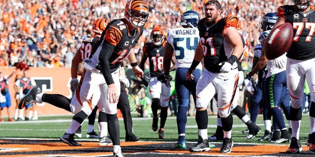 Oct 11, 2015; Cincinnati, OH, USA; Cincinnati Bengals quarterback Andy Dalton (14) spikes the football after scoring a touchdown in the second half against the Seattle Seahawks at Paul Brown Stadium. The Bengals won 27-24. Mandatory Credit: Aaron Doster-USA TODAY Sports