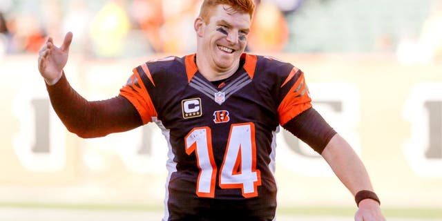 Oct 11, 2015; Cincinnati, OH, USA; Cincinnati Bengals quarterback Andy Dalton (14) celebrates after his team defeated the Seattle Seahawks at Paul Brown Stadium. Cincinnati defeated Seattle 27-24. Mandatory Credit: Mark Zerof-USA TODAY Sports
