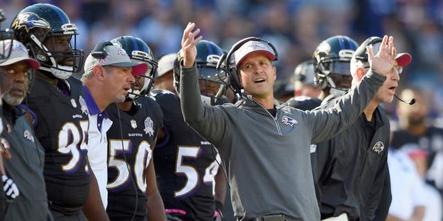 Baltimore Ravens head coach John Harbaugh reacts to a penalty call against Baltimore's defense in the second half of an NFL football game against the Cleveland Browns, Sunday, Oct. 11, 2015, in Baltimore. (AP Photo/Nick Wass)