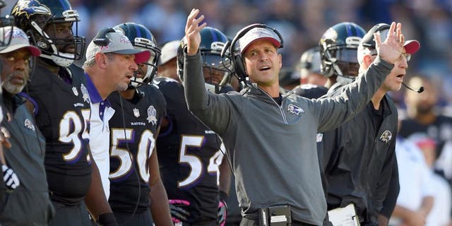 Baltimore Ravens head coach John Harbaugh reacts to a penalty call against Baltimore's defense in the second half of an NFL football game against the Cleveland Browns, Sunday, Oct. 11, 2015, in Baltimore. (AP Photo/Nick Wass)