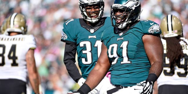 Philadelphia Eagles defensive end Fletcher Cox (91) celebrates after recovering a fumble against the New Orleans Saints at Lincoln Financial Field. (Eric Hartline/USA TODAY Sports)