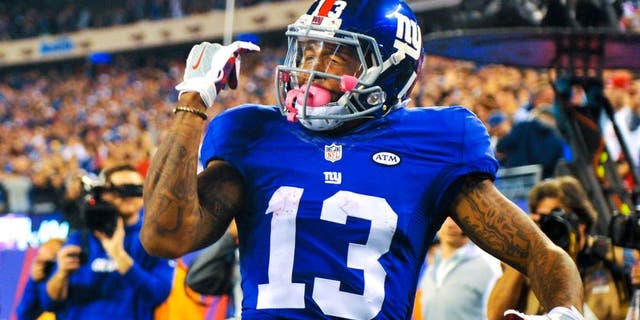 EAST RUTHERFORD, NJ - OCTOBER 11: Odell Beckham #13 of the New York Giants celebrates a touchdown in the third quarter during a game against the San Francisco 49ers at MetLife Stadium on October 11, 2015 in East Rutherford, New Jersey. (Photo by Alex Goodlett/Getty Images)