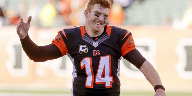 Oct 11, 2015; Cincinnati, OH, USA; Cincinnati Bengals quarterback Andy Dalton (14) celebrates after his team defeated the Seattle Seahawks at Paul Brown Stadium. Cincinnati defeated Seattle 27-24.