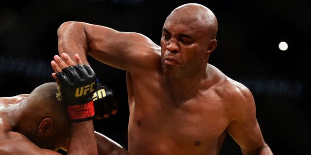 LAS VEGAS, NV - JULY 09: (R-L) Anderson Silva of Brazil elbows Daniel Cormier in their light heavyweight bout during the UFC 200 event on July 9, 2016 at T-Mobile Arena in Las Vegas, Nevada. (Photo by Harry How/Zuffa LLC/Zuffa LLC via Getty Images)