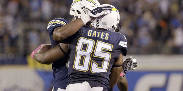 SAN DIEGO, CA - OCTOBER 12: Tight end Antonio Gates #85 of the San Diego Chargers celebrates after a touchdown reception against the Pittsburgh Steelers at Qualcomm Stadium on October 12, 2015 in San Diego, California. (Photo by Jeff Gross/Getty Images)