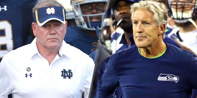 Sep 5, 2015; South Bend, IN, USA; Notre Dame Fighting Irish coach Brian Kelly leads his team onto the field before the game against the Texas Longhorns at Notre Dame Stadium. Mandatory Credit: Brian Spurlock-USA TODAY Sports, Sep 20, 2015; Green Bay, WI, USA; Seattle Seahawks head coach Pete Carroll on the sidelines against the Green Bay Packers during the second quarter at Lambeau Field. Mandatory Credit: Ray Carlin-USA TODAY Sports