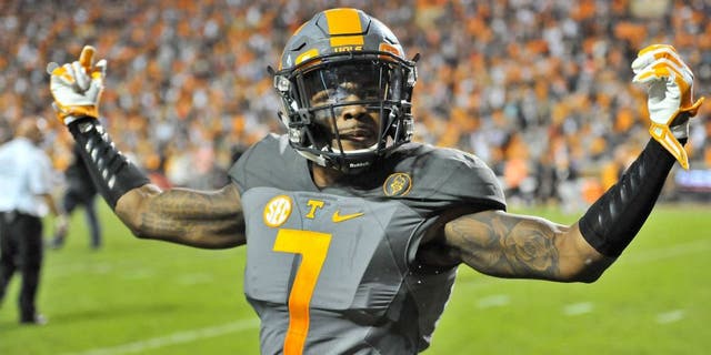 Oct 10, 2015; Knoxville, TN, USA; Tennessee Volunteers defensive back Cameron Sutton (7) celebrates after defeating the Georgia Bulldogs during the second half at Neyland Stadium. Tennessee won 38-31. Mandatory Credit: Jim Brown-USA TODAY Sports