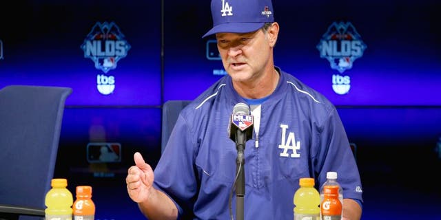 LOS ANGELES, CA - OCTOBER 10: Manager Don Mattingly #8 of the Los Angeles Dodgers speaks to the media after the Dodgers 5-2 win against the New York Mets in game two of the National League Division Series at Dodger Stadium on October 10, 2015 in Los Angeles, California. (Photo by Sean M. Haffey/Getty Images)