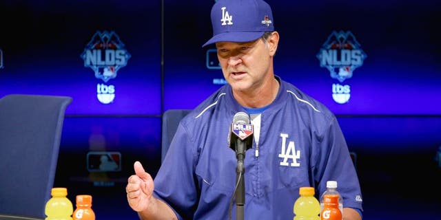 LOS ANGELES, CA - OCTOBER 10: Manager Don Mattingly #8 of the Los Angeles Dodgers speaks to the media after the Dodgers 5-2 win against the New York Mets in game two of the National League Division Series at Dodger Stadium on October 10, 2015 in Los Angeles, California. (Photo by Sean M. Haffey/Getty Images)