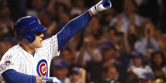 CHICAGO, IL - OCTOBER 12: Anthony Rizzo #44 of the Chicago Cubs reacts after hitting a solo home run in the fifth inning against the St. Louis Cardinals during game three of the National League Division Series at Wrigley Field on October 12, 2015 in Chicago, Illinois. (Photo by Jonathan Daniel/Getty Images)