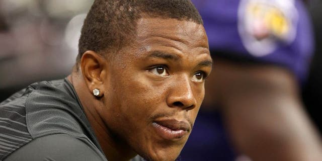 Aug 28, 2014; New Orleans, LA, USA; Baltimore Ravens running back Ray Rice (27) watches their game against the New Orleans Saints from the bench in the second quarter at the Mercedes-Benz Superdome. Mandatory Credit: Chuck Cook-USA TODAY Sports