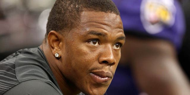 Aug 28, 2014; New Orleans, LA, USA; Baltimore Ravens running back Ray Rice (27) watches their game against the New Orleans Saints from the bench in the second quarter at the Mercedes-Benz Superdome. Mandatory Credit: Chuck Cook-USA TODAY Sports