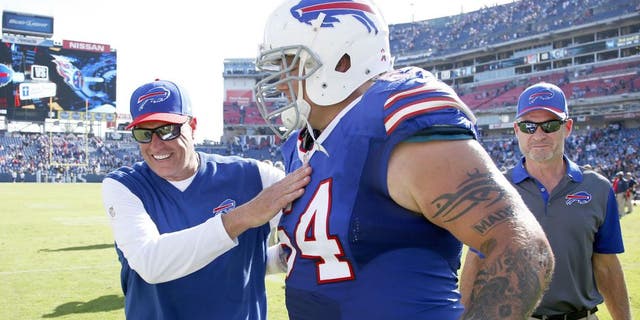 NASHVILLE, TN - OCTOBER 11: Head coach Rex Ryan of the Buffalo Bills celebrates with Richie Incognito #64 after the game against the Tennessee Titans at Nissan Stadium on October 11, 2015 in Nashville, Tennessee. The Bills defeated the Titans 14-13. (Photo by Joe Robbins/Getty Images)