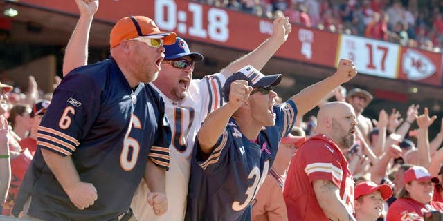 Oct 11, 2015; Kansas City, MO, USA; Chicago Bears react after the winning touchdown play against the Kansas City Chiefs during the second half at Arrowhead Stadium. The Bears won 18-17. Mandatory Credit: Denny Medley-USA TODAY Sports
