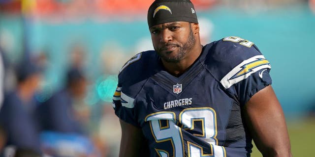 MIAMI GARDENS, FL - NOVEMBER 02: Dwight Freeney #93 of the San Diego Chargers looks on during a game against the Miami Dolphins at Sun Life Stadium on November 2, 2014 in Miami Gardens, Florida. (Photo by Mike Ehrmann/Getty Images)