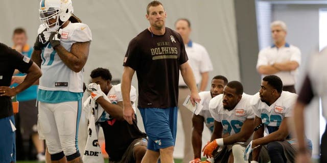 Miami Dolphins interim coach Dan Campbell walks on the field during NFL football practice in Davie, Fla., Wednesday, Oct. 7, 2015. (AP Photo/Alan Diaz)