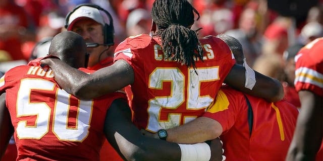 Kansas City Chiefs running back Jamaal Charles is helped off the field after getting injured during the third quarter on Sunday, Oct. 11, 2015, at Arrowhead Stadium in Kansas City, Mo. (Keith Myers/Kansas City Star/TNS via Getty Images)
