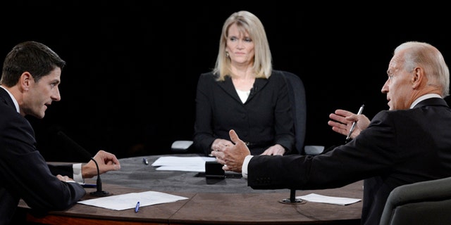 Oct. 11, 2012: Moderator Martha Raddatz watches as Joe Biden and Paul Ryan participate in the vice presidential debate.