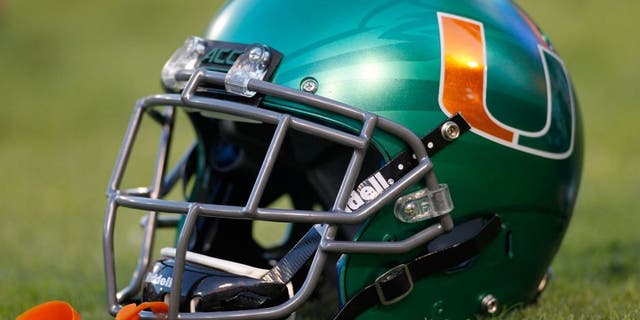 Oct 4, 2014; Atlanta, GA, USA; Miami Hurricanes helmet on the field before a game against the Georgia Tech Yellow Jackets at Bobby Dodd Stadium. Mandatory Credit: Brett Davis-USA TODAY Sports