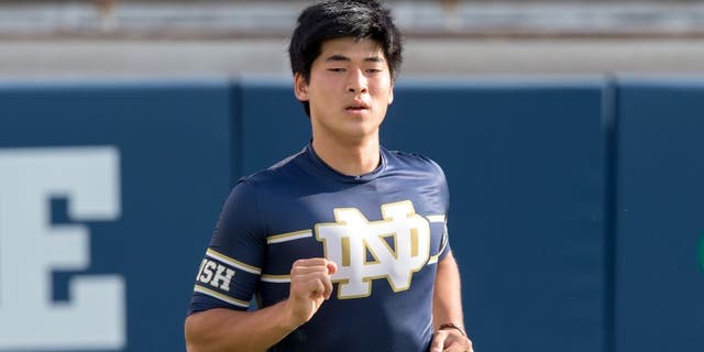 Sep 5, 2015; South Bend, IN, USA; Notre Dame Fighting Irish kicker Justin Yoon (19) warms up prior to the game against the Texas Longhorns at Notre Dame Stadium. Notre Dame won 38-3. Mandatory Credit: Matt Cashore-USA TODAY Sports