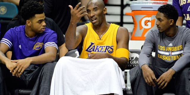 Oct 13, 2015; Las Vegas, NV, USA; Los Angeles Lakers guard Kobe Bryant (24) reacts during the game against the Sacramento Kings at the MGM Grand Garden Arena. Mandatory Credit: Kirby Lee-USA TODAY Sports