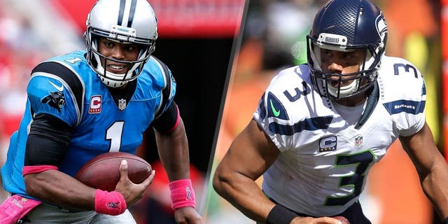 TAMPA, FL - OCTOBER 4: Quarterback Cam Newton #1 of the Carolina Panthers on a running play during the game against the Tampa Bay Buccaneers at Raymond James Stadium on October 4, 2015 in Tampa, Florida. Panthers defeated the Buccaneers 37 to 23. (Photo by Don Juan Moore/Getty Images), CINCINNATI, OH - OCTOBER 11: Russell Wilson #3 of the Seattle Seahawks runs with the ball during the second quarter of the game against the Cincinnati Bengals at Paul Brown Stadium on October 11, 2015 in Cincinnati, Ohio. (Photo by John Grieshop/Getty Images)